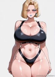 1girls ai_generated bare_shoulders black_panties black_sports_bra blonde_hair blue_eyes blue_lips blue_nails blush breasts cleavage clothes_writing curvy earrings emma_frost_(marvel_rivals) eyeshadow highleg huge_breasts jewelry large_breasts lipstick looking_at_viewer makeup marvel_rivals nail_polish navel panties sakaro shiny shiny_skin short_hair simple_background solo sports_bra thick_thighs thighs underwear wide_hips