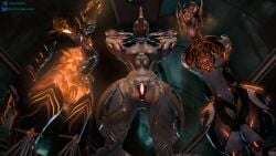 16:9 abs athletic athletic_female breasts digital_extremes dominant dominant_female ember_(warframe) ember_heirloom_(warframe) female first_person_view genitals glowing glowing_body glowing_genitalia glowing_markings group hand_behind_head hand_on_hip hi_res humanoid looking_at_viewer low-angle_view markings samtrix small_breasts small_waist tencent thick_thighs trio vulva warframe widescreen