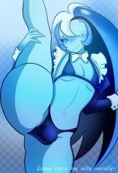 1boy artist_logo artist_request bikini bikini_bottom bikini_top blue_background blue_body blue_eyes blue_hair blue_skin bulge bulge_down_leg bulge_through_clothing cookie_run cookie_run_kingdom dialog dialogue eyebrows eyebrows_raised femboy femboy_focus femboy_only gradient_background hair hand_on_leg heterochromia humanoid jester jester_hat leg_grab leg_up legs legs_up long_hair looking_at_viewer male male_only no_artist_signature raised_leg seductive seductive_look seductive_smile shadow_milk_cookie skinny solo solo_focus solo_male thick_thighs thighs thong topwear twink two-tone_hair unusual_pupils very_long_hair white_hair