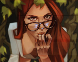 1girls after_oral batman_(series) blurry_background cleavage close-up dc dc_comics depth_of_field finger_in_mouth glasses kriminal leaves lips looking_at_viewer oral pamela_isley poison_ivy portrait realistic red_hair seductive_eyes seductive_mouth solo wet wet_fingers