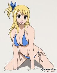 1girls adempskie arm_support big_breasts bikini bikini_bottom bikini_only bikini_top blonde-haired_female blonde_female blonde_hair blonde_hair_female blue_bikini blue_bikini_bottom blue_bikini_top blue_hair_ribbon blue_hair_tie blue_ribbon blue_swimsuit blue_swimwear breasts brown-eyed_female brown_eyes busty busty_female busty_girl eyebrows_visible_through_hair fairy_tail female hair_ribbon hair_tie half_naked half_nude halterneck large_boobs large_breasts lucy_heartfilia naked naked_female naked_woman nude nude_female nudity open_mouth open_mouth_smile parted_lips ribbon semi_nude side-tie_bikini smile smiley_face smiling smiling_at_viewer string_bikini swimsuit swimwear tongue