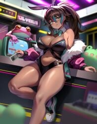 1boy 1girls animal_ears aqua_jacket arcade_cabinet bare_shoulders black_leotard blue_hair blurry blurry_background blurry_foreground breasts brown_hair bunny_day closed_mouth controller curvy dark-skinned_female dark_skin earrings fake_animal_ears female fishnets frog fur-trimmed_jacket fur_trim gad_the_god game_controller highres holding holding_controller holding_game_controller huge_breasts indie_virtual_youtuber jacket jewelry leotard long_hair mario mario_(series) multicolored_hair multicolored_shoes neon_harper neon_harper_(bunnysuit) pink_hair pink_sleeves playboy_bunny polybius ponytail rabbit_ears second-party_source see-through_clothes see-through_leotard shoes solo streaked_hair super_mario_bros._1 television thick_thighs thighs virtual_youtuber wide_hips yellow_eyes