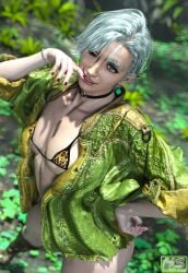 1boy 3d areolae bikini bikini_bottom bikini_top capcom clothed clothing erik_(monster_hunter_wilds) femboy femboy_only forest hagiwara_studio hair_ornament high_resolution highres jacket male monster_hunter monster_hunter_wilds short_hair tagme teasing white_hair
