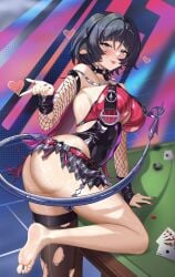 1girls :p absurdres ace_(playing_card) ace_of_spades animal_ear_piercing animal_ears ass bare_shoulders barefoot black_collar black_hair black_one-piece_swimsuit black_thighhighs blue_background blue_eyes blurry blurry_background blush breasts card casual_one-piece_swimsuit chinese_commentary closed_mouth collar collarbone commentary commentary_request detached_sleeves dice english_commentary female female_only fingernails fishnet_sleeves fishnets from_side gradient_background hair_between_eyes halftone halftone_background halterneck hand_on_table hand_up heart highres indoors jack_of_spades jane_doe_(nocturne_of_light)_(zenless_zone_zero) jane_doe_(zenless_zone_zero) king_(playing_card) king_of_hearts_(playing_card) korean_commentary large_breasts leg_up long_fingernails long_hair looking_at_viewer looking_to_the_side mixed-language_commentary mouse_ears mouse_girl mouse_tail multicolored_hair multilingual_commentary nail_polish o-ring o-ring_collar o-ring_swimsuit official_alternate_costume on_table one-piece_swimsuit pink_hair playing_card pool_table purple_background queen_(playing_card) queen_of_hearts_(playing_card) red_nails red_one-piece_swimsuit sharp_tail single_bare_leg single_thighhigh smile soles solo spade_(shape) standing standing_on_one_leg sweat swimsuit table tail ten_of_diamonds thighhighs tile_floor tiles tongue tongue_out torn_clothes torn_sleeves torn_swimsuit torn_thighhighs two-tone_hair two-tone_one-piece_swimsuit user_pnah5575 very_long_hair zenless_zone_zero