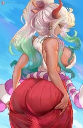 1girls artofalva big_breasts big_butt blue_hair breasts brown_eyes bubble_butt clothed clothing curvy cutesexyrobutts_(style) demon ear_piercing earrings female female_focus female_only fit_female gradient_hair hakama hi_res highres hoop_earrings horned_humanoid horns humanoid light-skinned_female light_skin long_hair looking_at_viewer looking_back multicolored_hair one_piece oni oni_horns red_horns revealing_clothes shounen_jump simple_background solo toei_animation two_tone_hair white_hair wide_hips yamato_(one_piece) youkai