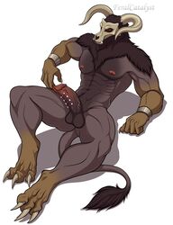 absurd_res anthro balls bovid bovine claws cuffs_(clothing) european_mythology fangs feralcatalyst frenum_ladder frenum_piercing genital_piercing genitals greek_mythology hi_res male male_only mammal minotaur monodog_(artist) muscular muscular_anthro muscular_male mythology nipples penis penis_piercing piercing skull_head solo