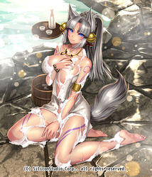 1girls animal_ears arms bare_shoulders barefoot beads bell blue_eyes blush bracelet breasts bucket closed_mouth feet female foam fox_ears fox_tail gyakushuu_no_fantasica hair_ornament jewelry large_breasts long_hair looking_at_viewer naked_towel official_art onsen ponytail ryuki@maguro-ex silver_hair sitting smile soles solo tail toes towel wariza water wet