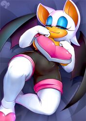 2017 bat bat_wings blue_eyes blue_eyeshadow breasts cameltoe female female_focus female_only hard_nipples krokobyaka rouge_the_bat sega skin_tight sonic_(series) sonic_the_hedgehog_(series) white_armwear white_fur white_thigh_boots