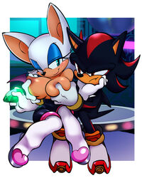 bat_ears bat_wings big_breasts black_fur blue_eyeshadow blush breast_grab breast_squeeze breasts chaos_emerald colored colored_background female gloves holding_face lipstick male male/female nipple_squeeze nipples red_eyes red_stripes rendered rouge_the_bat shadow_the_hedgehog smug_face sonic_(series) topless turquoise_eyes watatanza white_fur