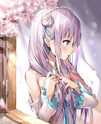 adjusting_hair ale_nqki bangs bare_shoulders blunt_bangs blush braid braiding_hair breasts cleavage detached_sleeves dress emilia_(re:zero) female flower french_braid gem hair_flower hair_ornament hair_ribbon hair_tie_in_mouth hairdressing high_resolution holding holding_hair lavender_hair long_hair low-tied_long_hair medium_breasts mouth_hold pointed_ears purple_eyes purple_ribbon re:zero_kara_hajimeru_isekai_seikatsu ribbon rose silver_hair solo tagme tied_hair white_flower white_hair white_rose x_hair_ornament