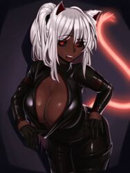 1girls black_gloves black_sclera bodysuit breasts buckle cat_ears cat_girl cat_tail catgirl cleavage coco_(bakeneko) dark-skinned_female dark_skin fangs female glowing_tail half_gloves huge_breasts kevbot large_breasts latex long_hair looking_at_viewer mole mole_on_breast mole_under_eye original ponytail red_eyes solo solo_female unzipped unzipped_bodysuit unzipping very_dark_skin white_hair