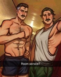 2026 2boys 2d 2d_(artwork) bara big_pecs crossover daddy dilf dispatch_(game) gay indoors interior invincible invincible_(tv_series) male male_only moustache muscular muscular_male nolan_grayson omni-man phenomaman questionable sfw trait_connection vaile_valley