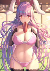 animal_ears blush bra breasts bunny_ears cleavage gloves large_breasts lingerie liya long_hair looking_at_viewer mouth_hold navel panties pink_panties purple_hair red_eyes reisen_udongein_inaba standing stockings tagme thighhighs touhou very_long_hair