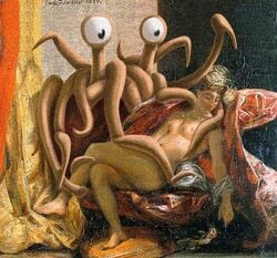 1girls 1other art completely_nude_female crossed_legs edit eugene_delacroix fine_art_parody flying_spaghetti_monster full_body god indoors meatball no_sex nude_female reclining religion small_breasts spaghetti tentacle tentacle_monster wholesome wholesome_nudity woman_with_a_parrot