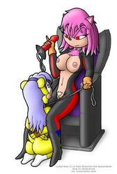 black_eyes bondage breasts chair collar dildo fan_character hairband jumpsuit kneel knownvortex leash mina_mongoose mongoose nipples pink_fur purple_hair red_eyes sock sonic_(series) tagme unzipped yellow_fur