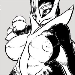 1girls alternate_breast_size areolae avian bare_shoulders beak breasts bust empoleon female female_only front_view holding huge_breasts monochrome nintendo nipples poke_ball pokemon solo topless