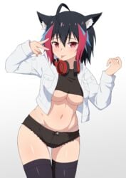 ahoge animal_ears bad_id bad_twitter_id black_hair black_legwear black_shorts black_undershirt blush breasts denim denim_shorts fox_ears headphones highleg highleg_panties jacket kitsu_lahyna multicolored_hair nyaroon original panties pocket red_eyes shorts stomach thighhighs tongue tongue_out underboob undershirt underwear v white_jacket white_panties