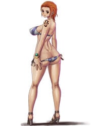 ass_cleavage bikini blush bracelet breasts butt_crack female female_only from_behind high_heels highres human jewelry knee_pit kneepits large_breasts log_pose nami oil one_piece open_toe_shoes orange_hair pre-timeskip sandals shiny shiny_skin shoes side-tie_bikini simple_background solo sueyuu swimsuit tattoo thighs