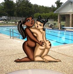 2girls ass ass_grab bbw chubby chubby_female dark-skinned_female drago-flame female female_only leshawna_(tdi) multiple_girls naked nude nude_female pool sadie_(tdi) straight_hair tagme total_drama_island yuri