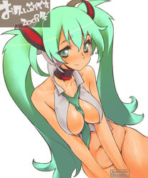 1girls between_breasts bottomless breasts choker cleavage female female_only green_eyes green_hair hatsune_miku henreki_san long_hair necktie necktie_between_breasts nipple_slip nipples no_panties solo solo_female very_long_hair vocaloid