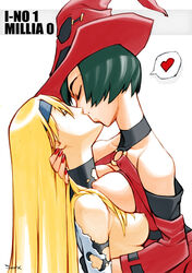 2girls bare_shoulders black_hair bob_cut breast_press breasts denx embrace female fingerless_gloves freideugoi french_kiss gloves guilty_gear hairband hat headband heart highres i-no kissing long_hair millia_rage mole multiple_girls nail_polish nipples short_hair torn_clothes very_long_hair witch_hat yuri