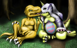 101 agumon color digimon fur furry gabumon interspecies kissing male male_only multiple_males yaoi