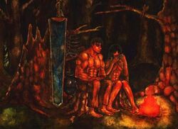 1girls 2boys berserk casca dark-skinned_female dark_skin fire forest guts_(berserk) human nude puck_(berserk) sword