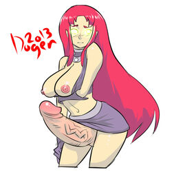 1futa 2013 blush breasts breasts_out cropped_legs dc detached_collar futa_only futanari gloves glowing glowing_eyes green_eyes huge_cock intersex large_penis long_hair looking_away nipples penis penis_under_skirt red_hair simple_background skirt solo solo_futa starfire teen_titans veiny veiny_penis white_background zerobu