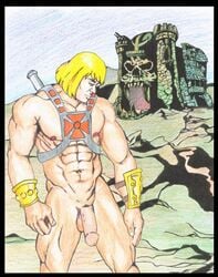 1boy bara blonde_hair bracers castle circumcised erect_nipples filmation flaccid harness he_man human large_penis male male_only masters_of_the_universe muscles muscular_male no_pubic_hair nude penis solo sword testicles thick_penis