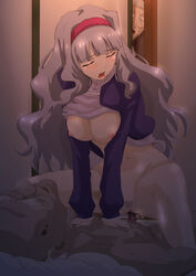 age_difference areolae blush breasts censored closed_eyes cowgirl_position female grey_hair hairband higashitaishi highres human idolmaster large_breasts legs long_hair lying male navel nipples no_bra no_panties old_man open_mouth penis pubic_hair sex shijou_takane shirt_lift sitting sitting_on_person straight thighs vaginal_penetration