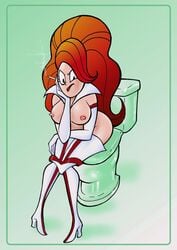 1girls bathroom bivouac boots cartoon_network cigarette elbow_gloves female female_only foster's_home_for_imaginary_friends frankarella frankarella_psychadella frankie_foster gloves human smoking solo thigh_boots toilet toilet_use