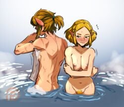 1boy 1girls areolae back_muscles bath bathing blonde blonde_hair blonde_pubic_hair blush breasts casual embarrassed embarrassed_nude_exposure embarrassed_nude_female female female_pubic_hair hairy_pussy hylian kukumomo large_breasts link link_(breath_of_the_wild) male muscles muscular muscular_male navel nintendo nipples nonsexual_nudity nude pale_skin pointy_ears princess_zelda pubes pubic_hair pussy_hair tears_of_the_kingdom the_legend_of_zelda washing water wide_hips zelda_(tears_of_the_kingdom)