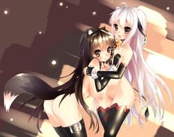 animal_ears anthro breasts brown_hair color cute_fang female female_only fox_girl furry long_hair nipples nude open_eyes original tail tsukimi vagina white_hair yuri