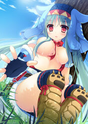 armor artist_request arzuros_(armor) blue_hair blush breasts capcom convenient_censoring cum cum_on_breasts female fingerless_gloves foreshortening hair_censor long_hair looking_at_viewer monster_hunter monster_hunter_portable_3rd open_mouth red_eyes solo source_request topless