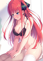 1boy 1girls :q alternate_color assertive assertive_female blue_eyes blunt_bangs blush bottomless bra breasts butterfly_hair_ornament cleavage collarbone cowgirl_position cum cum_in_pussy cum_inside eyelashes female go-toubun_no_hanayome hair_ornament human kagami_(galgamesion) legwear licking_lips nail_polish nakano_nino penetration pussy pussy_juice red_hair ribbon riding sex shoulders straddling straight sweat thighhighs tongue underwear vaginal wet white_legwear