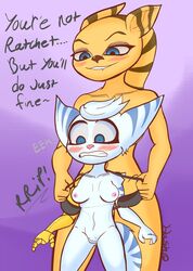 2girls alien alien_girl angela_cross blue_eyes blush blushing boobs bra_removed breasts feline feline_ears furry hairy_pussy hashthetra nipples pubes pubic_hair pussy pussy_hair ratchet_and_clank ripped_clothing rivet_(ratchet_and_clank) size_difference smaller_female taller_girl text tits vagina white_fur yellow_fur yuri