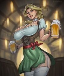 1girls alcohol barmaid beer beer_mug big_breasts blonde_hair blue_eyes blush breasts busty derushy hourglass_figure huge_breasts light-skinned_female light_skin looking_at_viewer original original_character servant tavern tavern_wench voluptuous