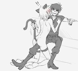 2boys 2d 2d_(gorillaz) anal_beads anal_beads_tail black_and_white black_hair blue_hair cat_ears cat_tail catboy duo gay gorillaz green_skin light_skin male male/male male_only multiple_boys murdoc_niccals nude sex_toy yaoi