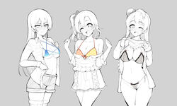 3girls belly_button big_breasts blush breasts flashing kousaka_honoka long_hair love_live! love_live!_school_idol_project minami_kotori multiple_girls panties pulling_up_dress pulling_up_shirt sian sonoda_umi swimsuit