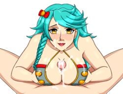 big_breasts breasts cleavage color colored cyan_hair hair_ornament orange_eyes paizuri penis penis_between_breasts sirens_domain smile tagme tana_(_town_of_passion) town_of_passion