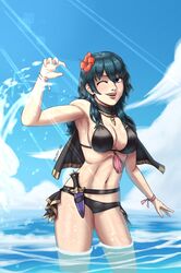 1girls albert_rbk alternate_costume bikini black_bikini black_swimsuit blue_hair breasts byleth_(fire_emblem) byleth_(fire_emblem)_(female) cape dagger female fire_emblem fire_emblem:_three_houses fire_emblem_heroes flower flower_in_hair lipstick looking_at_viewer medium_hair nintendo ocean one_eye_closed open_mouth outdoors outside purple_eyes solo swimsuit water weapon wet