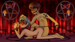 2boys 2d 2d_(gorillaz) anal anal_sex black_hair blue_hair bondage collar duo gay gay_domination gorillaz green_skin handcuffed handcuffs hell leash light_skin male male/male male_only maledom malesub multiple_boys murdoc_niccals nude satanic sex upside_down_cross yaoi