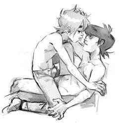 2boys 2d 2d_(gorillaz) black_and_white black_hair blue_hair boners bulge bulge_through_clothing gay gorillaz green_skin kissing light_skin male male/male male_only multiple_boys murdoc_niccals niichan saliva saliva_string saliva_trail sketch yaoi