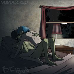 2boys 2d 2d_(gorillaz) bed bedroom before_sex black_hair blue_hair gay gorillaz green_skin kissing light_skin male male/male male_only multiple_boys murdoc_niccals night yaoi