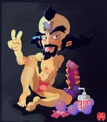 1boy 2021 anal_beads black_hair bulge condom crash_(series) dildo doctor_neo_cortex feet human lollipop lube male male_only neo_cortex nipples puffy_nipples solo thong tongue tongue_out wziiqq