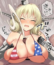 alternate_costume american_flag american_flag_bikini bar_censor bikini black_gloves blonde_hair blue_eyes blush breasts censored closed_eyes colorado_(kantai_collection) cum ejaculation elbow_gloves female flag_print garrison_cap gloves grey_headwear hat headgear kantai_collection kokutou_nikke large_breasts open_mouth paizuri penis short_hair side_braids sweat sweatdrop swimsuit translation_request upper_body