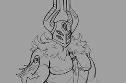 1boy bara bara_tiddies bara_tits chaos_(warhammer) chaos_space_marine feather_tuft feathers grayscale greyscale horned_helmet lewdbees_(artist) male_focus multi_eye nipples sketch solo_male tzeentch warhammer_(franchise) warhammer_40k