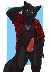 5_fingers abs absurd_res animal_genitalia animal_penis anthro balls biceps black_body black_fur black_nose bottomless canid canine canine_penis canis clothed clothing digital_media_(artwork) erection fingers flannel flannel_shirt fur genitals hand_on_head hi_res jewelry knot kuro-tomo looking_at_viewer male mammal muscular muscular_anthro muscular_male necklace negger penis simple_background solo standing topwear wolf yellow_eyes