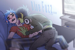 2boys 2d 2d_(gorillaz) black_hair blue_hair bulge bulge_through_clothing gay gorillaz green_skin licking licking_neck light_skin male male/male male_only murdoc_niccals one_punch_titty ren_valentine sweat television yaoi