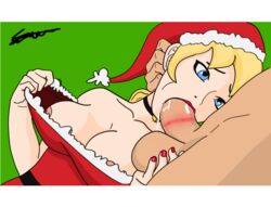 bell big_penis blonde_hair blue_eyes christmas color colored cum deepthroat_mark fellatio lipstick lipstick_mark lipstick_on_penis mary_(town_of_passion) nail_polish oral santa_hat santa_outfit santa_suit simple_background tagme town_of_passion unknown_artist